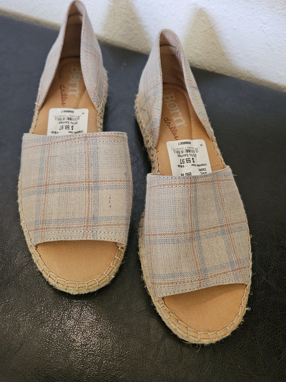 Born Linen Plaid Open-Toe Espadrille Sandals - Beige